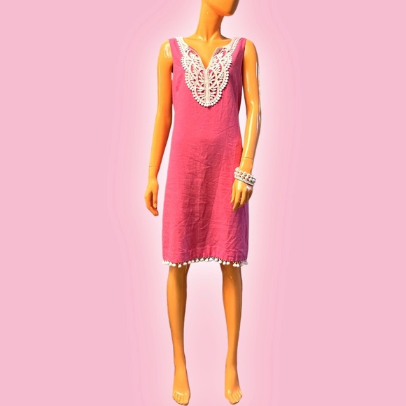 KENSIE Sleeveless Linen Rayon Shift Dress Hot Pink Floral Lace Accent - Picture 1 of 10